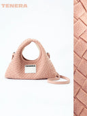 Misty Pink Mini Hobo Crossbody Bag — TENERA Handwoven Suede Collection