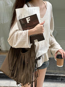 Large Suede Fringe Bucket Bag